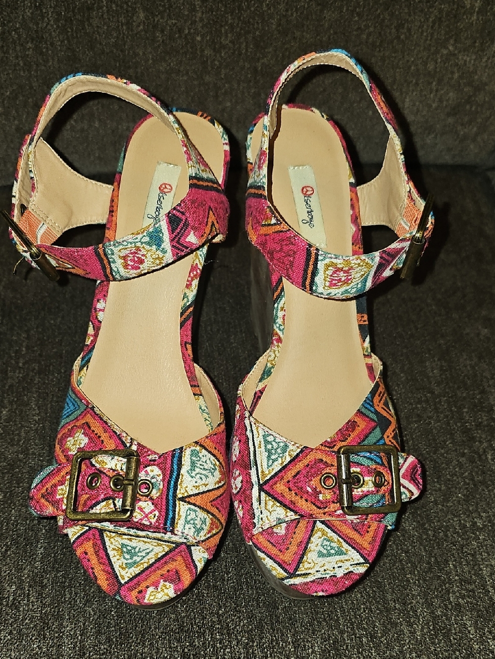 Olsenboye Multi-Color Patterned Ankle-Strap Platform Wedges